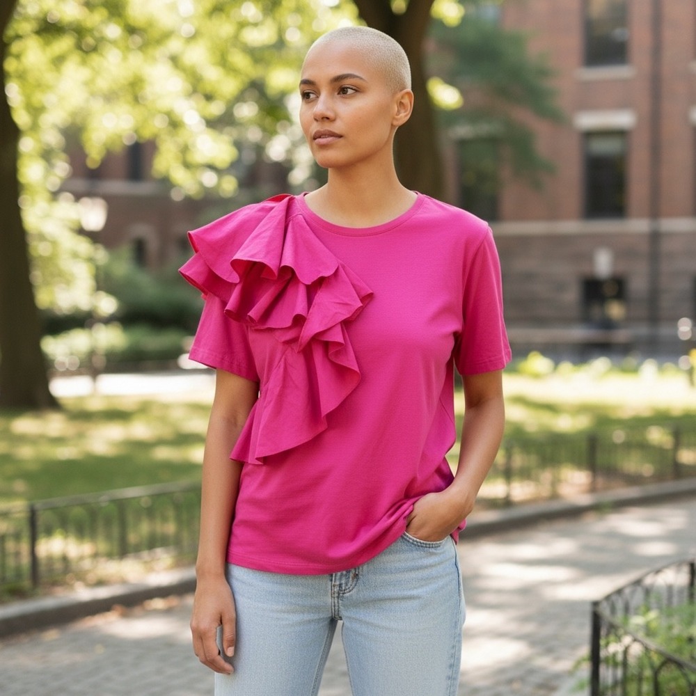Mark James Badgley Mischka Pink Ruffle One Shoulder Tee Shirt Top L G